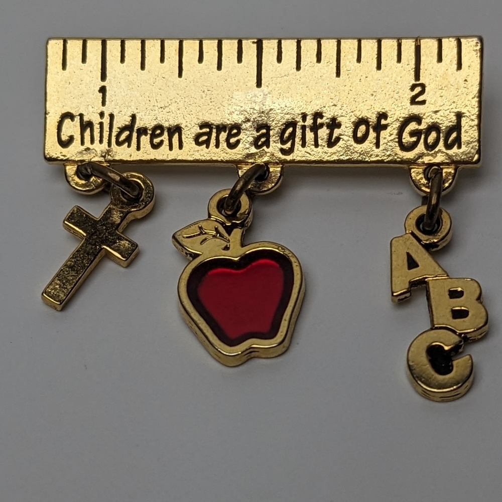Vintage Gold Tone Teacher Brooch Ruler Bar with ABC, Apple & Cross Charms